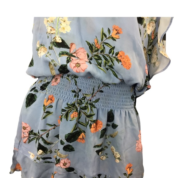 Parker Blue Floral Print Halter Ruffle Mini Dress 100% Silk Medium - Picture 3 of 9